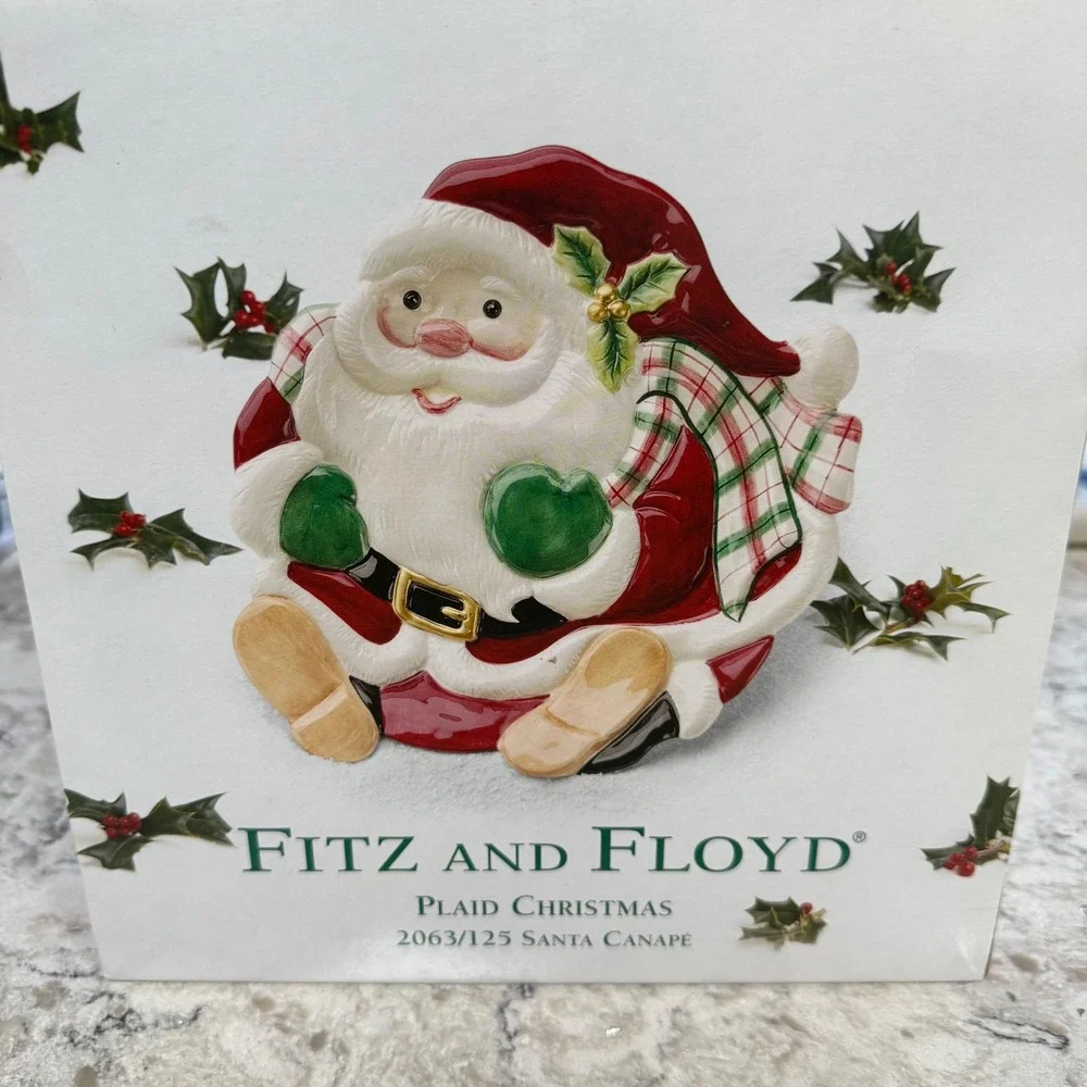 Fitz and Floyd Plaid Christmas Santa Claus Canape Plate Handcrafted‎ China